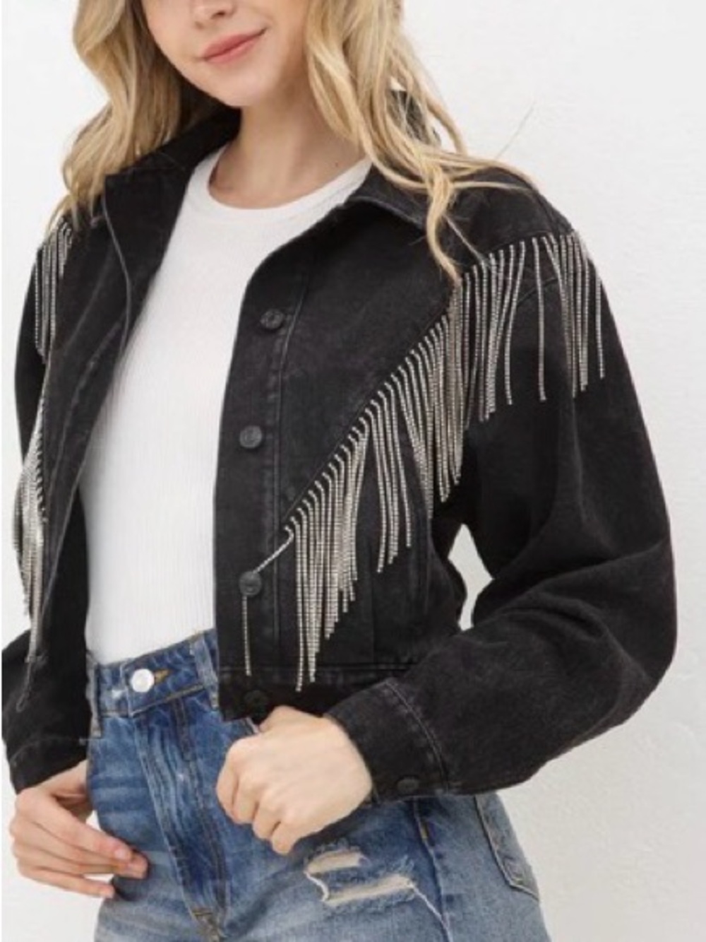 Blue B Sz M Washed Black Cropped Rhinestone Fringe Denim Jacket - Designer Style